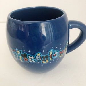 Disneyland Blue Rounded Coffee Cup Character Spell Out Theme Park Souvenir